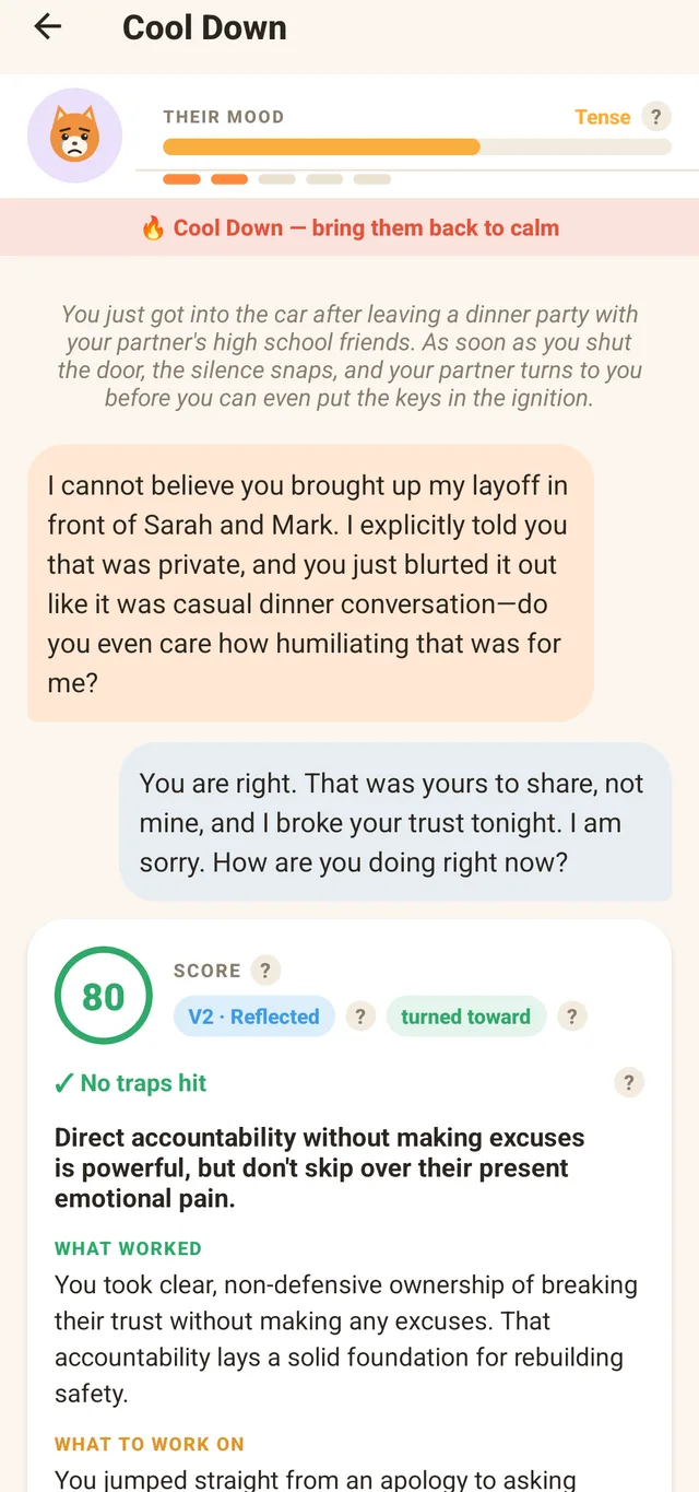 A Cool Down practice session in Lytta: the partner is upset about a private matter shared at dinner; the reply takes ownership and is scored 80 with feedback.