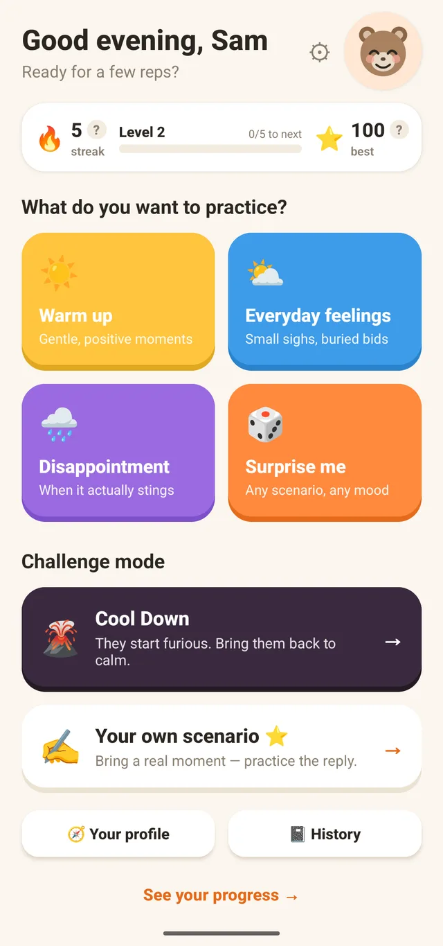 Lytta home screen with streak, level and the practice modes Warm up, Everyday feelings, Disappointment, Surprise me and Cool Down.